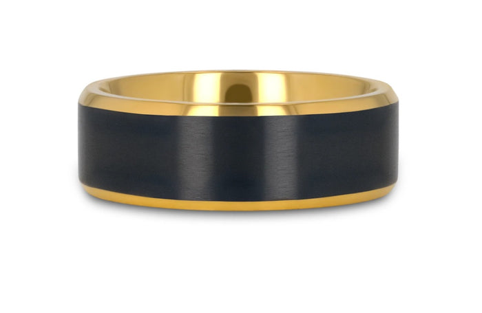 The Beaumont Gold Plated Titanium Polished Beveled Ring with Brushed Black Center 8mm