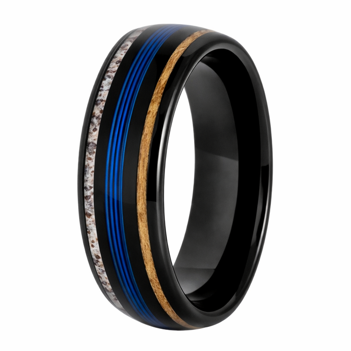 The Blue Ridge Black IP Tungsten Ring with Koa Wood, Blue Wire & Deer Antler Inlays – 8mm
