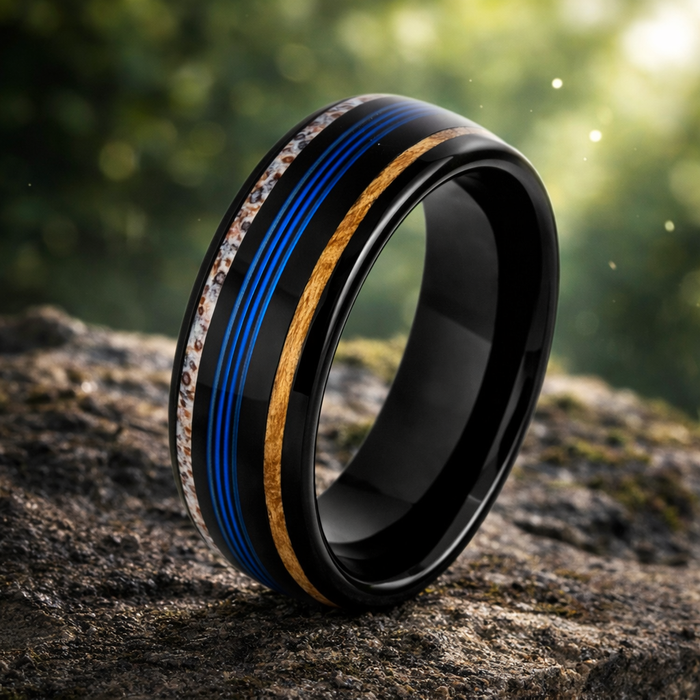 The Blue Ridge Black IP Tungsten Ring with Koa Wood, Blue Wire & Deer Antler Inlays – 8mm
