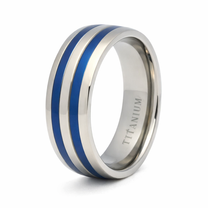 The Bluebird Men's Titanium Wedding Band with Two Blue Enamel Inserts-8mm