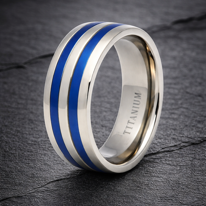 The Bluebird Men's Titanium Wedding Band with Two Blue Enamel Inserts-8mm