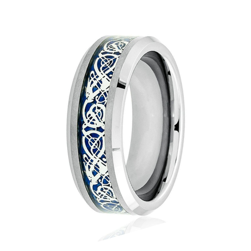 The Bluefang Tungsten Men's Shiny Beveled Edge with Blue Celtic Dragon Cut-out Inlay l 8mm