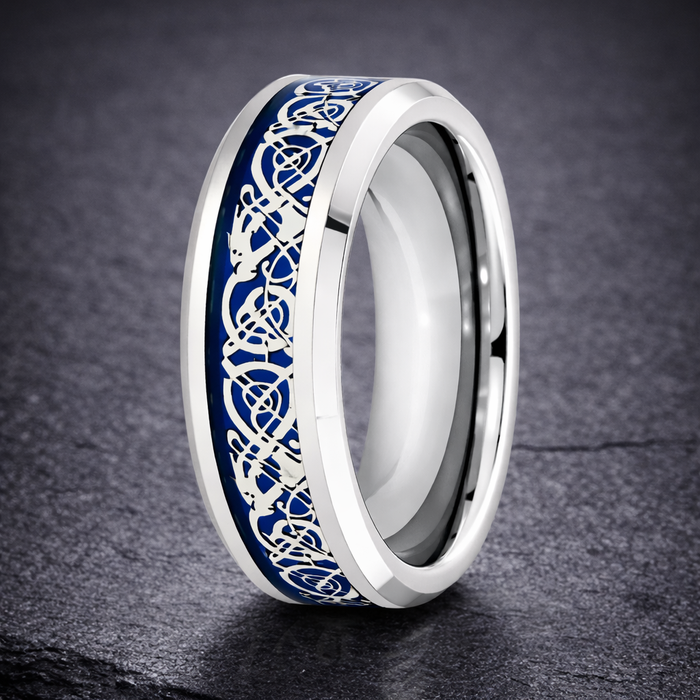 The Bluefang Tungsten Men's Shiny Beveled Edge with Blue Celtic Dragon Cut-out Inlay l 8mm
