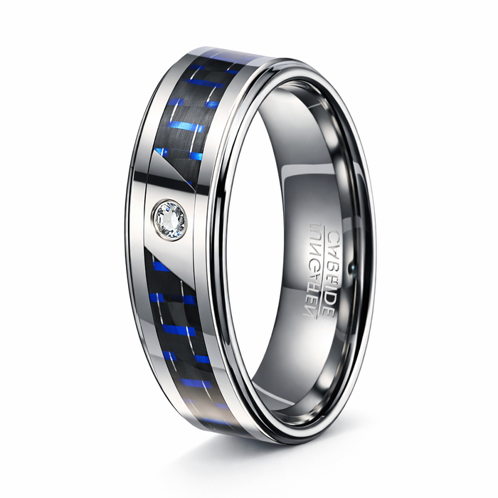 The Bluevolt Tungsten Men's Ring with Black and Blue Carbon Fiber and CZ | 8mm