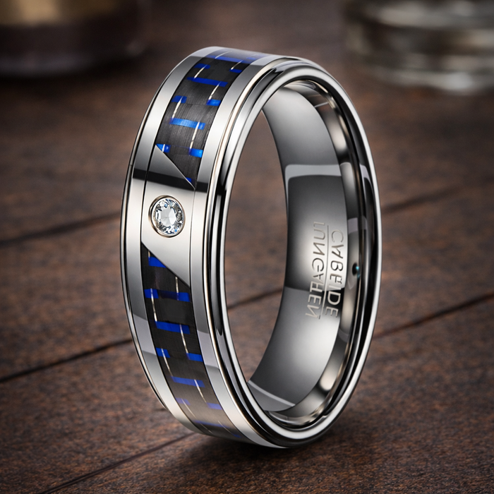 The Bluevolt Tungsten Men's Ring with Black and Blue Carbon Fiber and CZ | 8mm