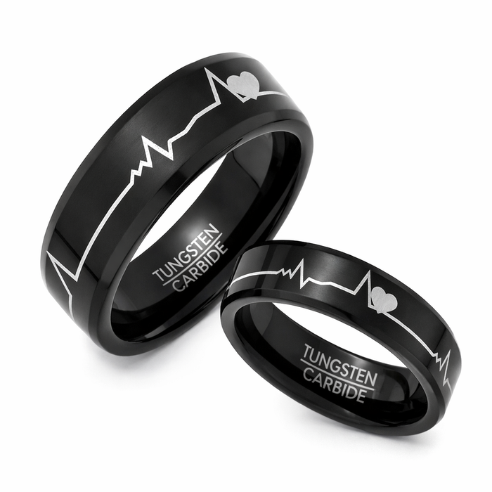 The Bonded Pulse Black Tungsten His and Her Rings Hearts and Heartbeats Design 5mm or 8mm