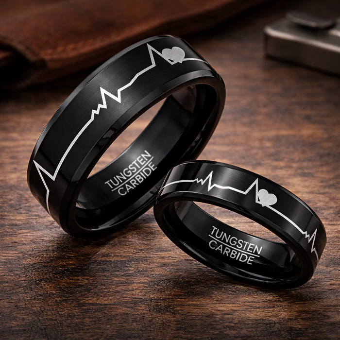 The Bonded Pulse Black Tungsten His and Her Rings Hearts and Heartbeats Design 5mm or 8mm
