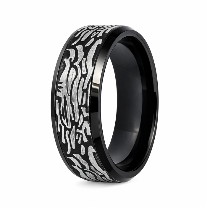 The Bouldercut Black Tungsten Ring with Laser Carved Rock Pattern -8mm
