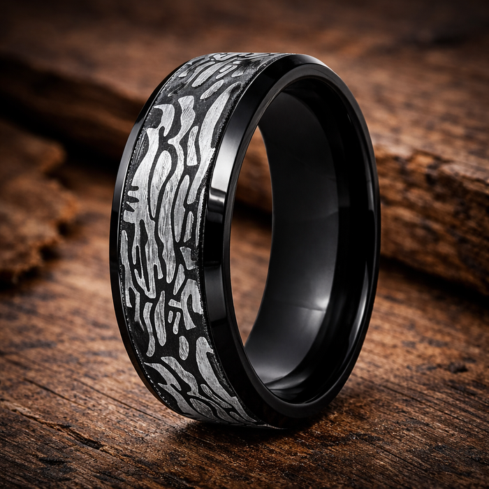 The Bouldercut Black Tungsten Ring with Laser Carved Rock Pattern -8mm