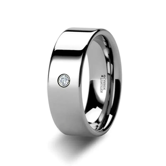The Bristol Flat Polished Tungsten Single Diamond Ring 6mm