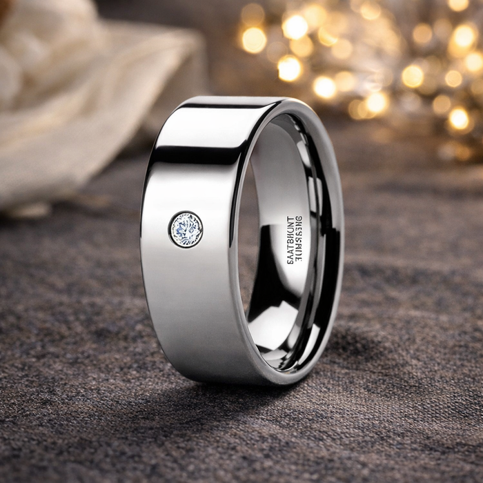 The Bristol Flat Polished Tungsten Single Diamond Ring 6mm