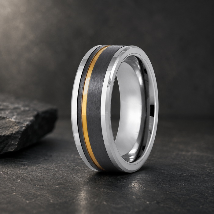 The Bullet Tungsten Two Tone Center Gunmetal Gray with GP Stripe Ring 8mm