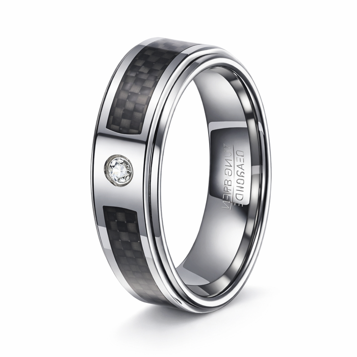 The Carbonflare Tungsten and CZ Ring for Men with Black Carbon Fiber Inlay | 8mm