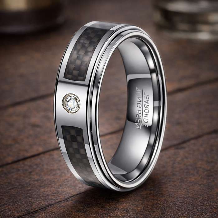 The Carbonflare Tungsten and CZ Ring for Men with Black Carbon Fiber Inlay | 8mm