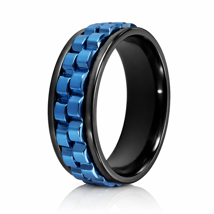 The Cogwheel Blue Center Anxiety Fidget Spinner Ring in Black Stainless Steel 8mm