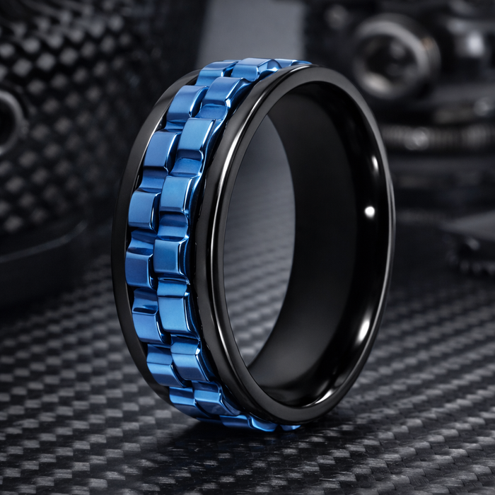 The Cogwheel Blue Center Anxiety Fidget Spinner Ring in Black Stainless Steel 8mm