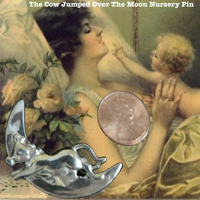 It DID and a picture's worth a thousand moos! This is the sweetest little nursery pin and don't miss the earrings of the same which is also here on my site. The spoon is totally engravable  and great to get as a gift or to treat yourself.  1" approximately. Made in the USA. Hand signed.  Sterling Silver "The Cow Jumped over the Moon" Nursery Pin. Perfect for the new Mama to wear and pass on to her baby when the time is right.