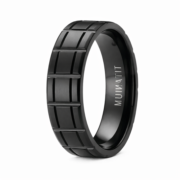 The Crosshatch Matte-Finished Black Titanium Ring with Vertical Bar Pattern | 8mm