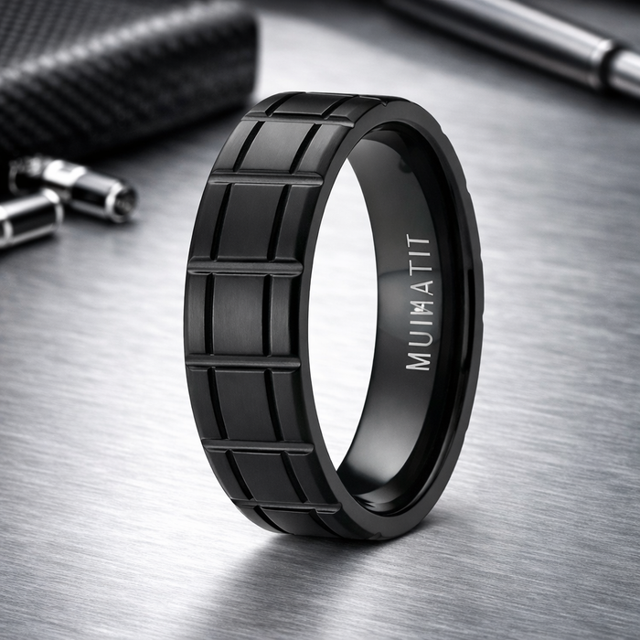 The Crosshatch Matte-Finished Black Titanium Ring with Vertical Bar Pattern | 8mm