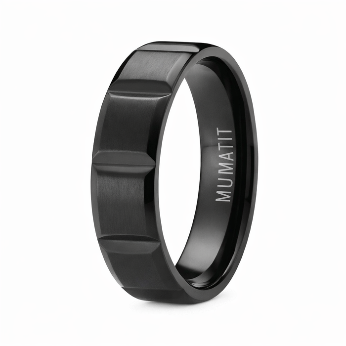 The Cut Matte Finished Black Titanium Wedding Ring with Vertical Grooves | 6mm