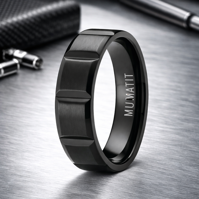 The Cut Matte Finished Black Titanium Wedding Ring with Vertical Grooves | 6mm