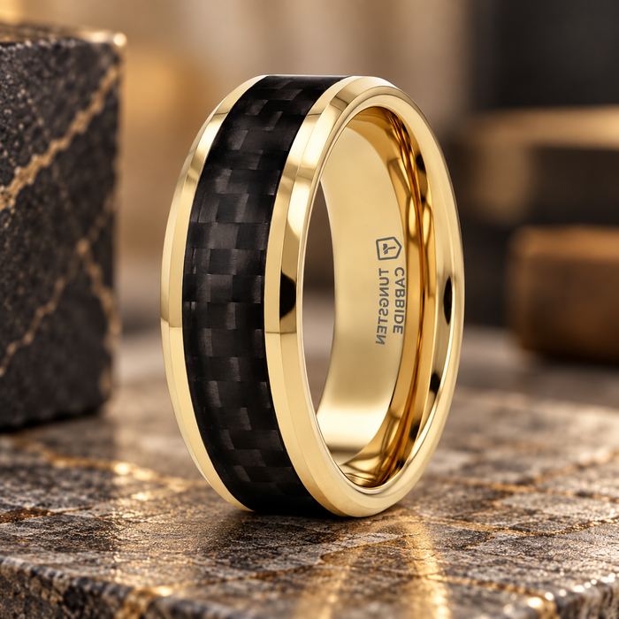 The Decimus Black Carbon Fiber Inlay Gold-Plated Tungsten Carbide Wedding Band 8mm