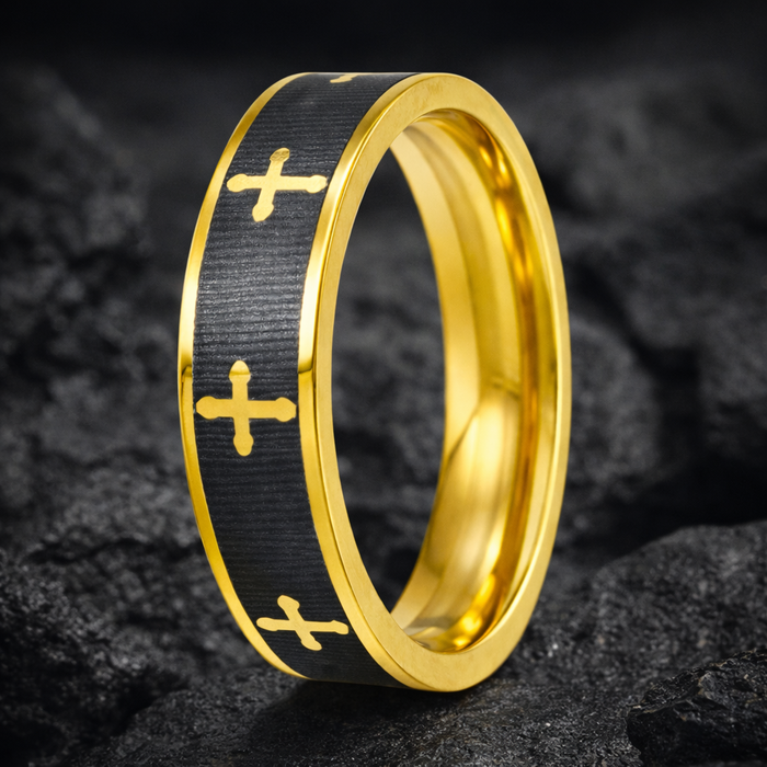 The Devotion Titanium and Gold Plated Men's Cross Ring with Polished Edges| 6mm