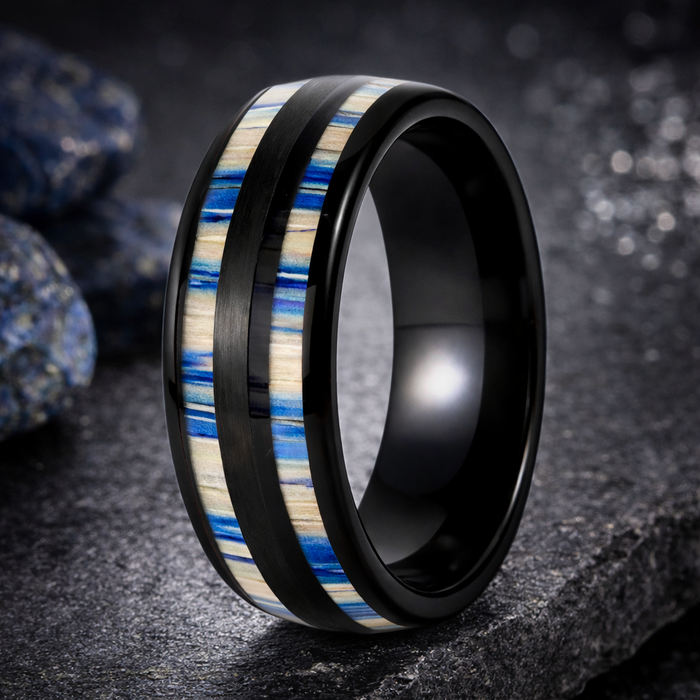 The Dune Tide Black Tungsten Ring with Dyed Bamboo Inlay 8mm