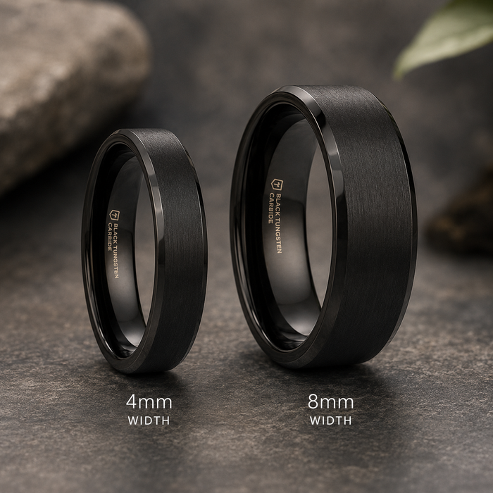 The Elise Black Tungsten Brushed Finish Polished Edges Ring 4mm or 8mm