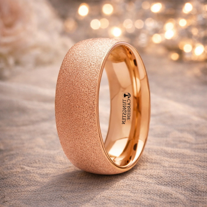 The Ember Domed Tungsten Ring Rose Gold Plating Sandblasted Crystalline Finish 8mm