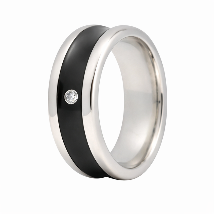 The Engager Black Finish Stainless Steel Wedding Band with Single CZ 8mm