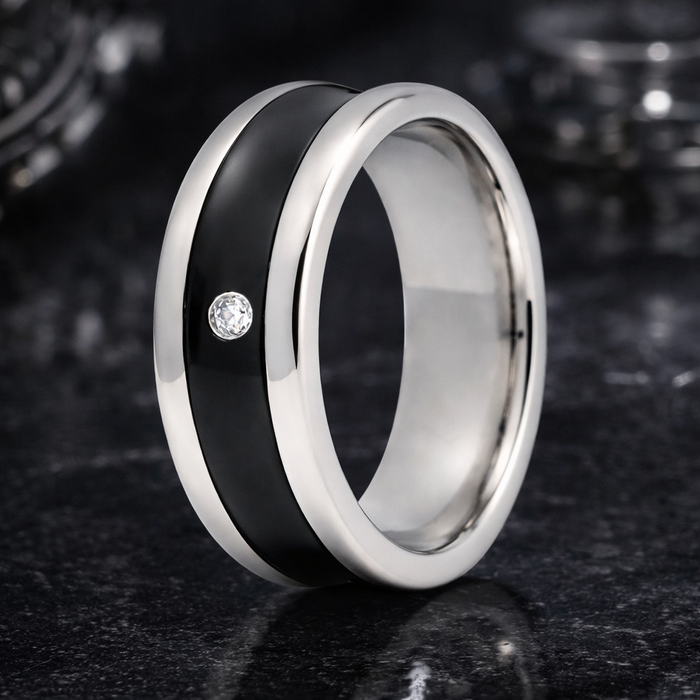 The Engager Black Finish Stainless Steel Wedding Band with Single CZ 8mm