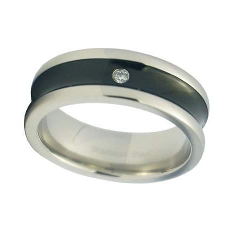 Black Finish Stainless Steel Wedding Band with Single CZ | 8mm