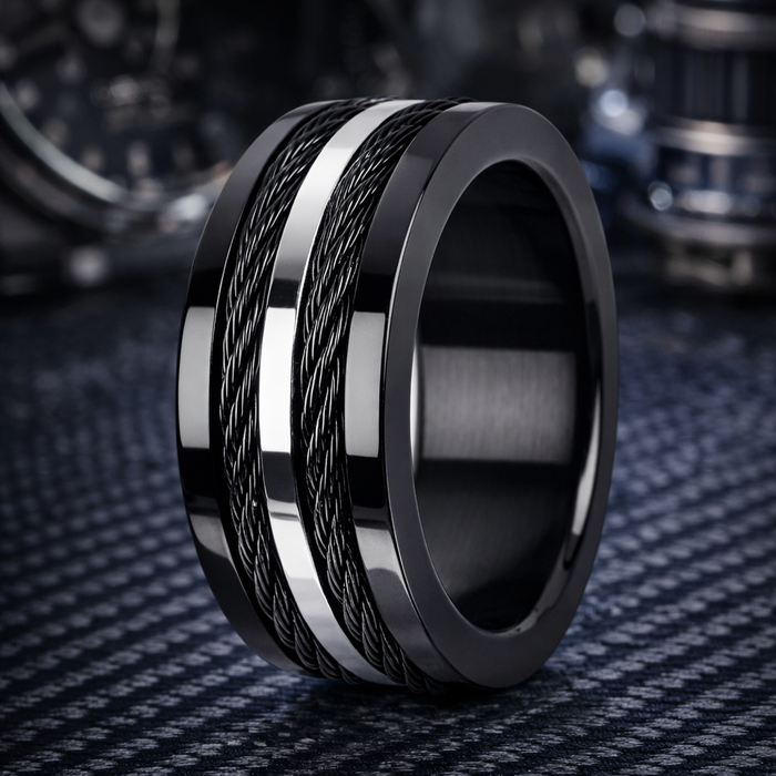 The Engineer Black Stainless Steel Solid Carbon Cable Inlay Ring-9.52mm