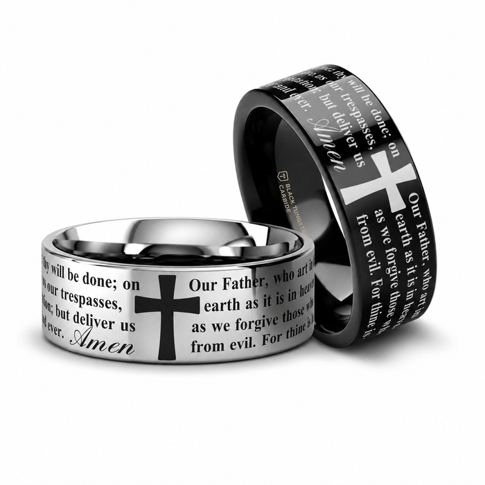 The Faith Black or Grey Tungsten Polished Ring with The Lord's Prayer 8mm