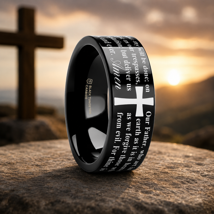 The Faith Black or Grey Tungsten Polished Ring with The Lord's Prayer 8mm