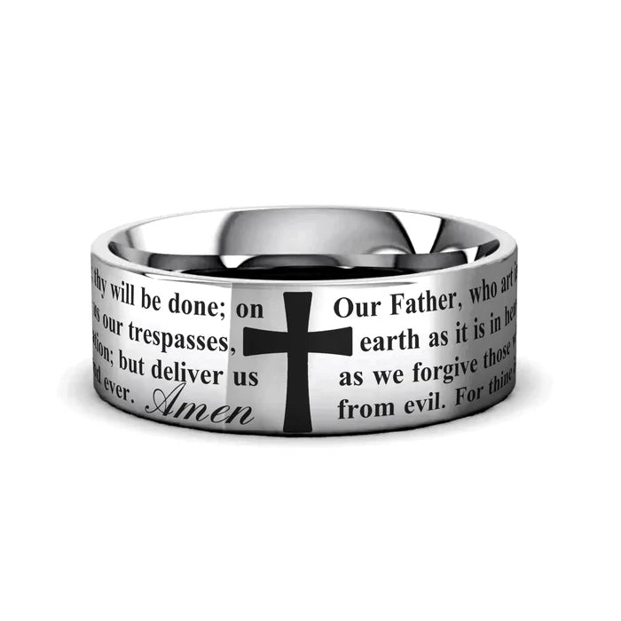 The Faith Black or Grey Tungsten Polished Ring with The Lord's Prayer 8mm
