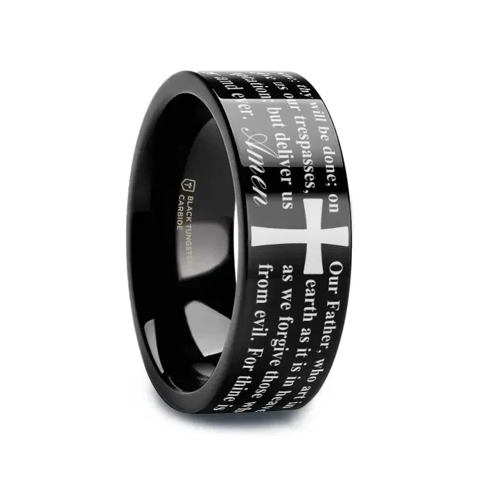 The Faith Black or Grey Tungsten Polished Ring with The Lord's Prayer 8mm