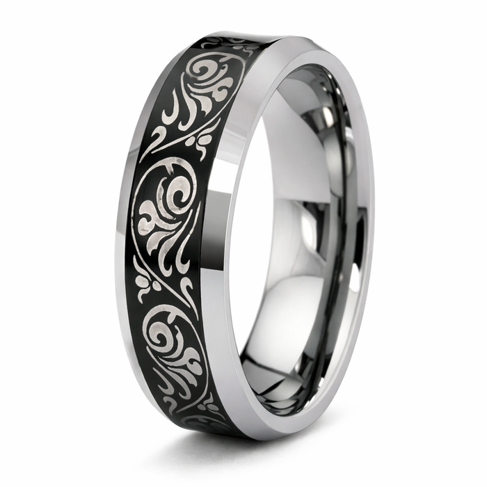 The Fleur 8mm High Polished Floral Laser Engraved Tungsten Band