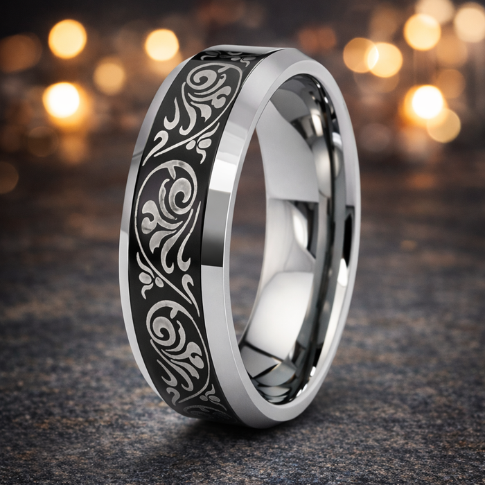 The Fleur 8mm High Polished Floral Laser Engraved Tungsten Band