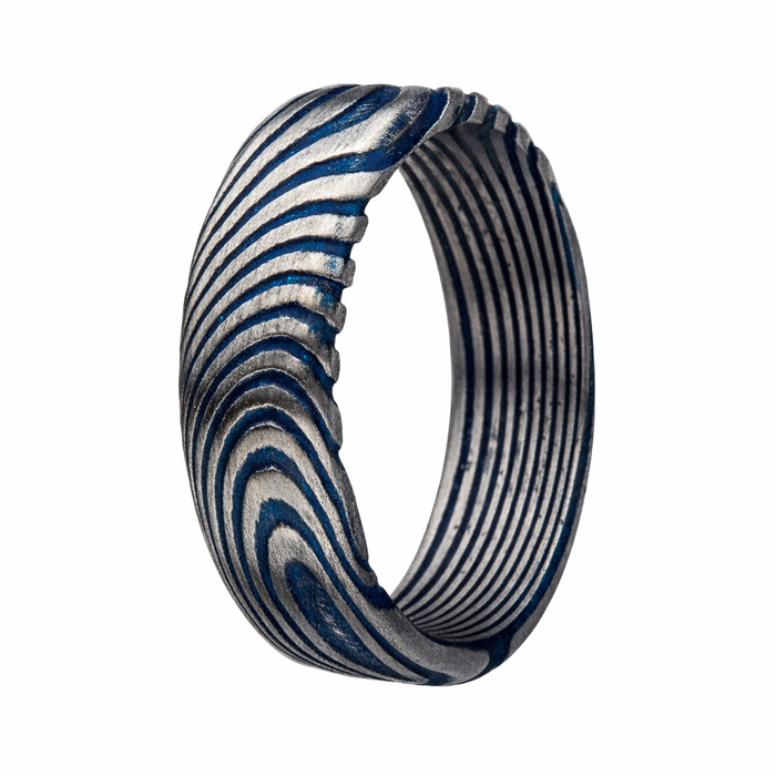 The Grain Damascus 7mm Matte Blue Water Print Stainless Steel Ring