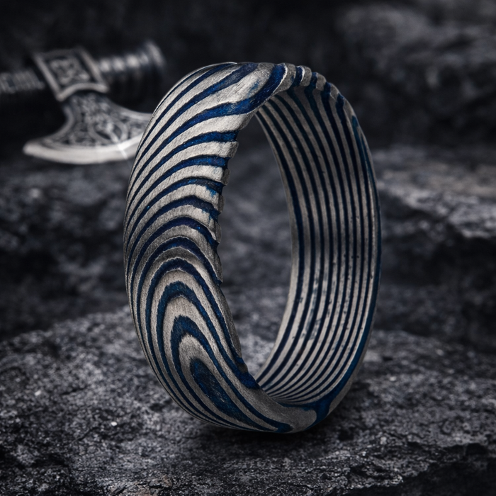 The Grain Damascus 7mm Matte Blue Water Print Stainless Steel Ring