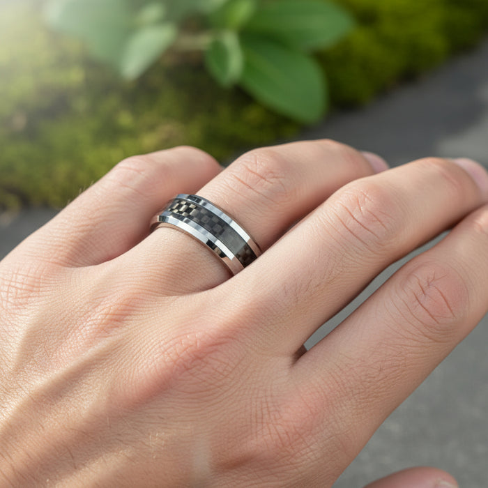 The Hamilton Men's Tungsten Ring Black Carbon Fiber Center Polished Edges 7mm