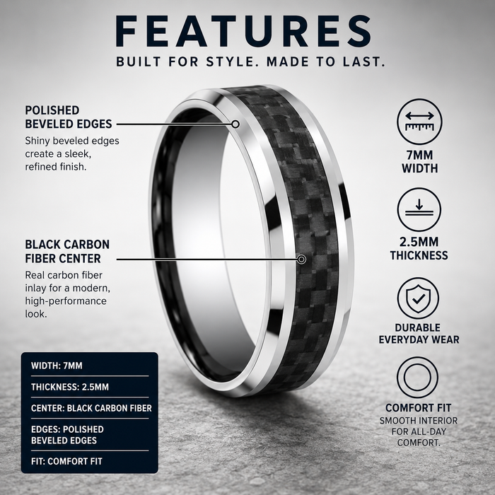 The Hamilton Men's Tungsten Ring Black Carbon Fiber Center Polished Edges 7mm
