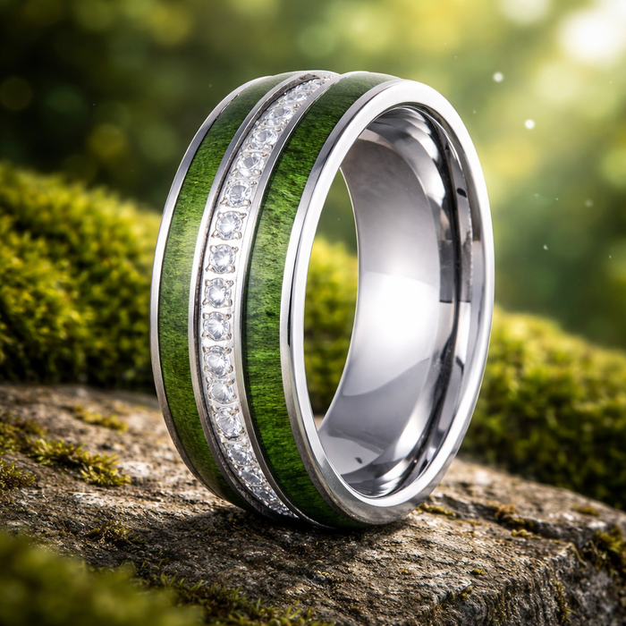 The Harmonious - Tungsten Jade Wood Inlay with White CZ Centered Eternity – 8mm