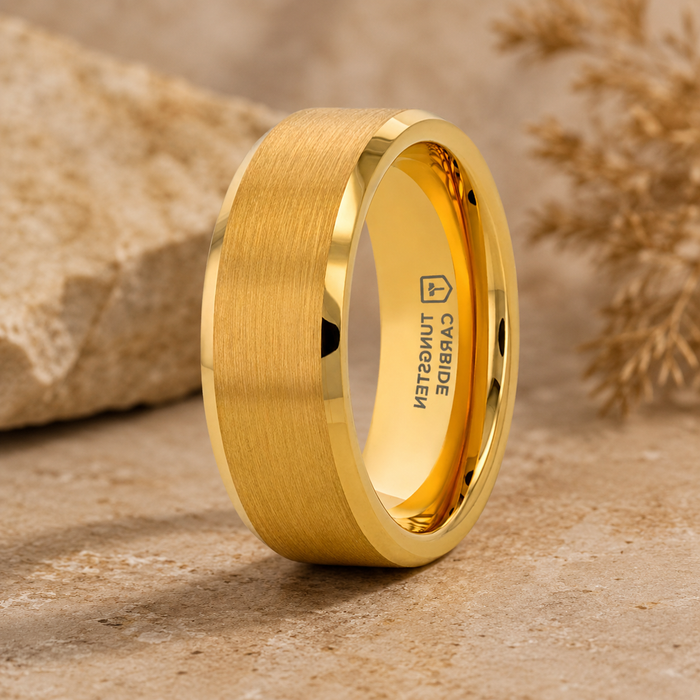 The Honor Gold-Plated Brushed Flat Tungsten Ring Polished Beveled Edges 8mm or 6mm