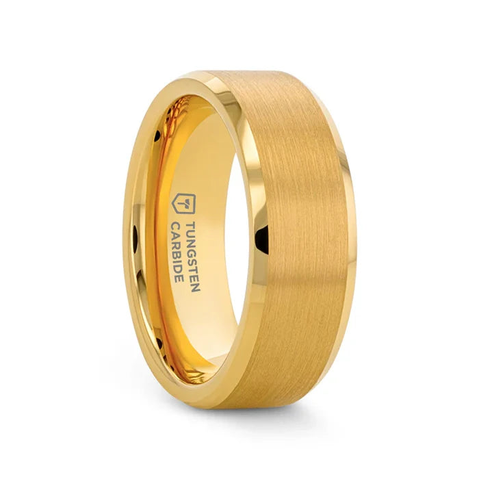 The Honor Gold-Plated Brushed Flat Tungsten Ring Polished Beveled Edges 8mm or 6mm