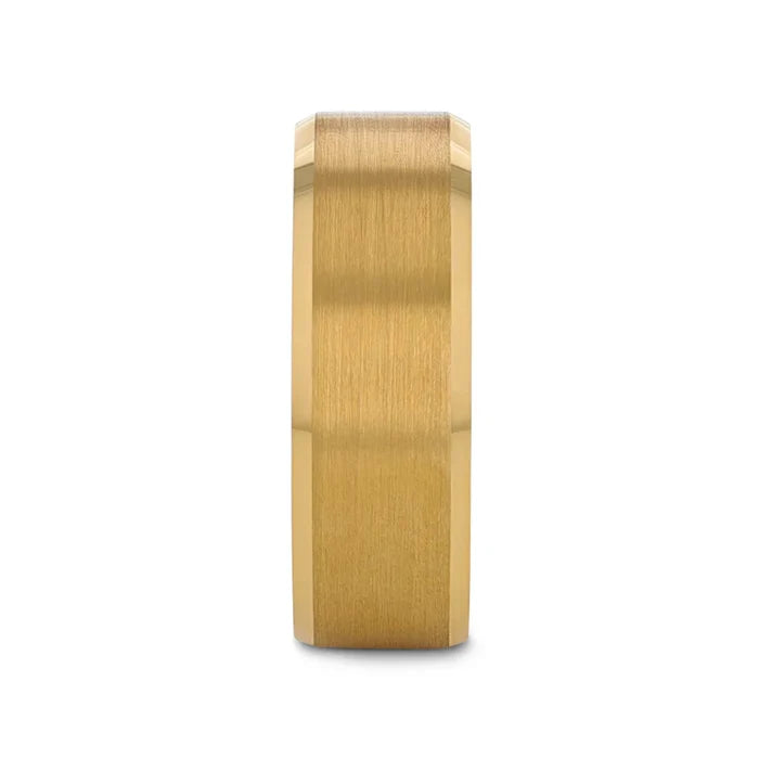 The Honor Gold-Plated Brushed Flat Tungsten Ring Polished Beveled Edges 8mm or 6mm