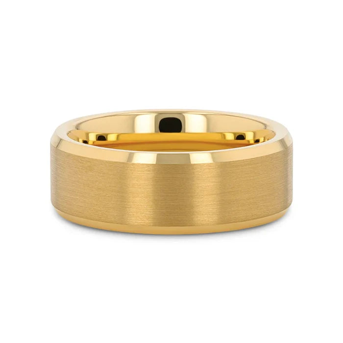 The Honor Gold-Plated Brushed Flat Tungsten Ring Polished Beveled Edges 8mm or 6mm
