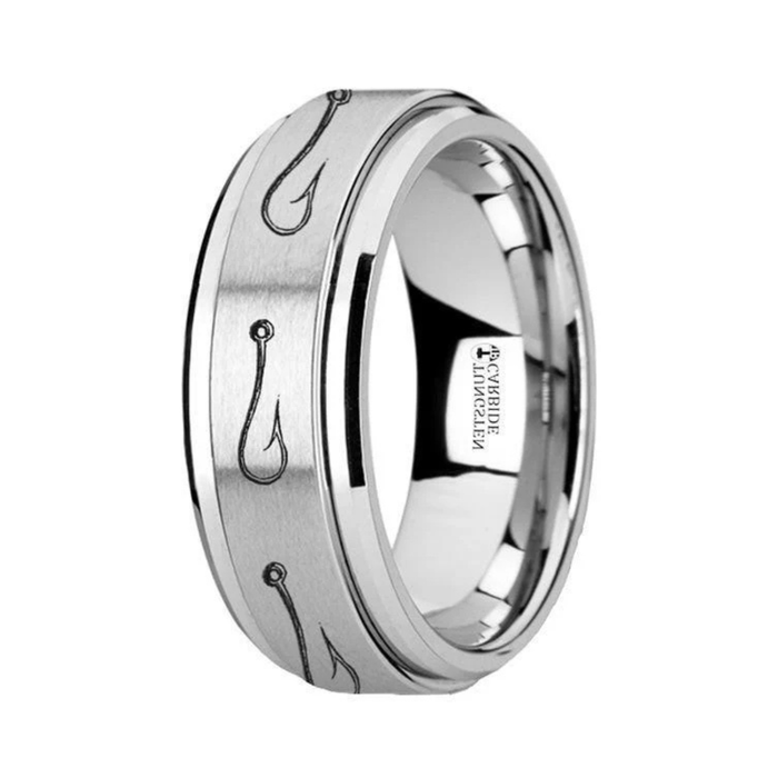The Hooked Fishing Hook Engraved Tungsten Carbide Spinner Men's Ring 8mm